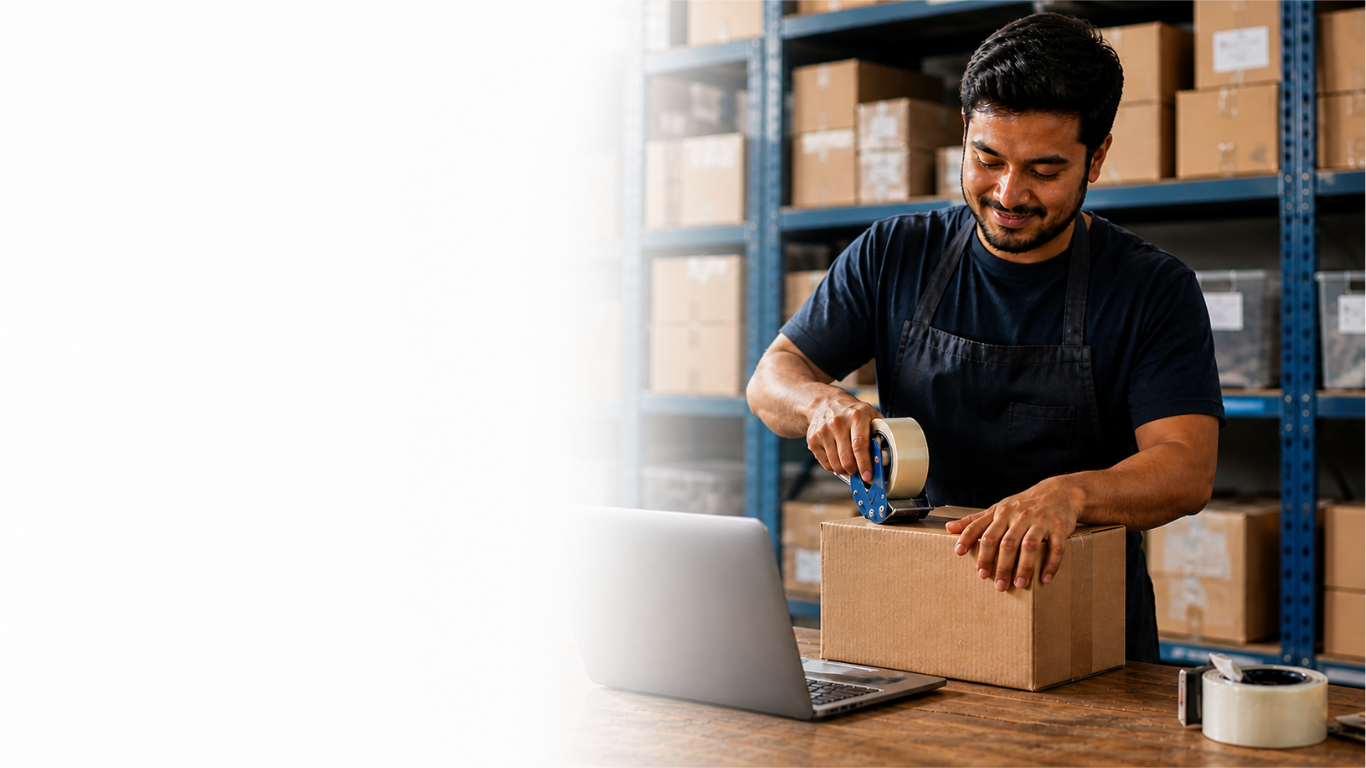 A small-business operator preparing a shipment in their warehouse